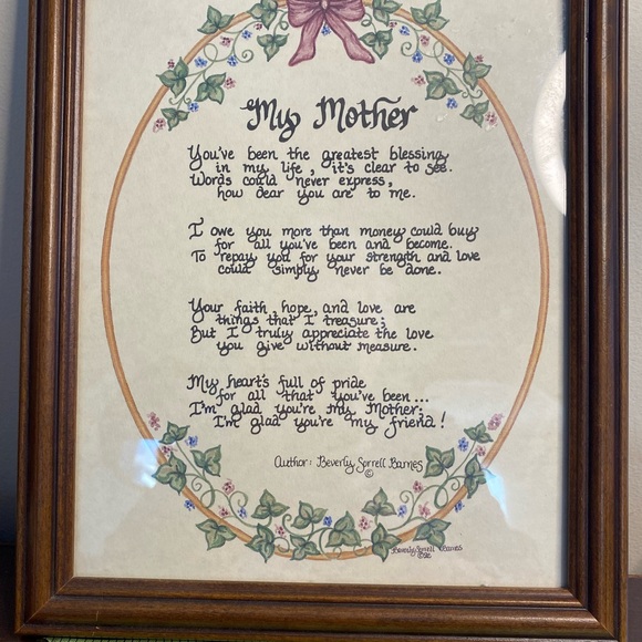 “MY MOTHER” CALLIGRAPHY MATTED AND FRAMED POEM ~ 9”X 11” BEVERLY SORRELL RAMES - Picture 5 of 6